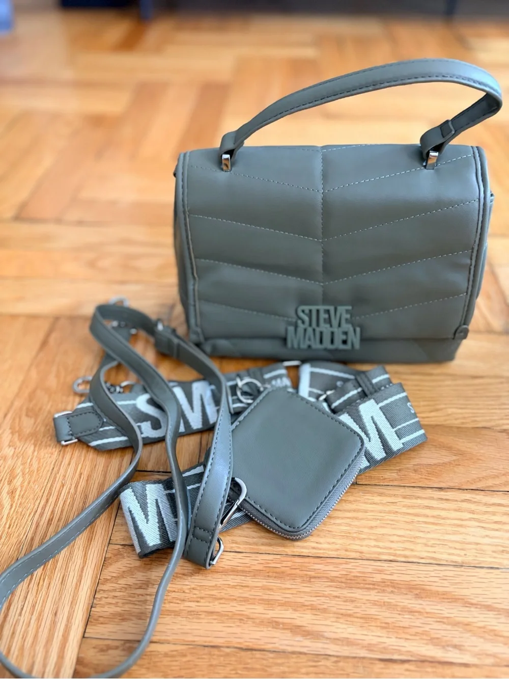 Steve Madden Quilted Olive Shoulder Bag with Logo Strap